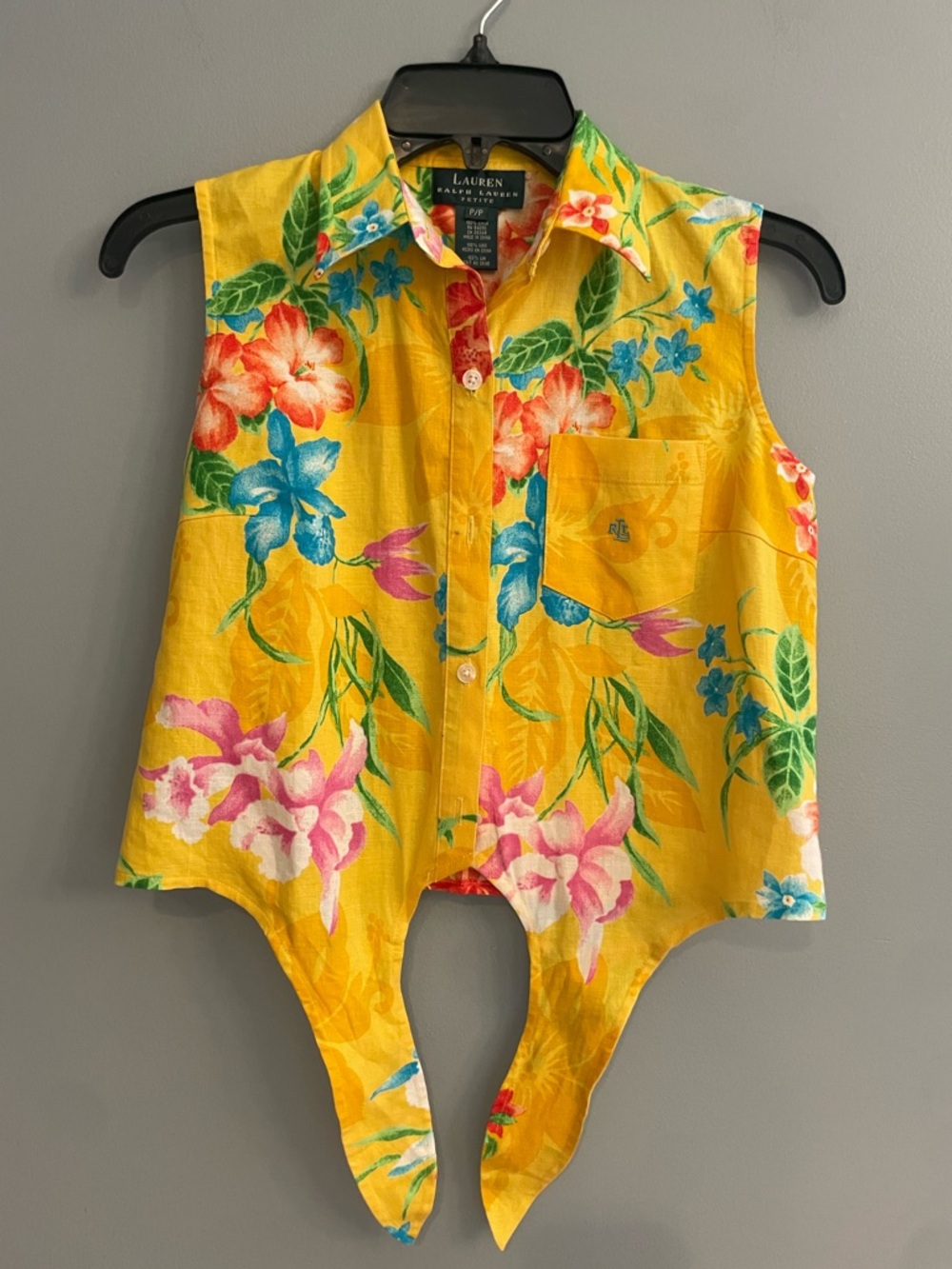 Y2K Lauren Ralph Lauren Linen Yellow Floral Tie-Front Sleeveless Button-Up Top - Picture 5 of 9
